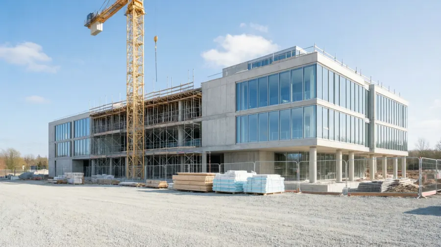 An office building under construction with a tower crane